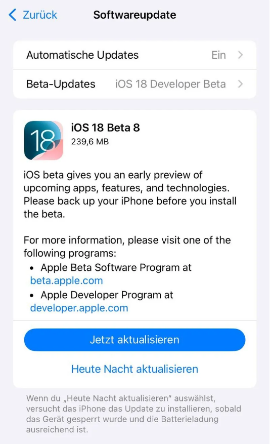 松柏镇苹果手机维修分享苹果 iOS / iPadOS 18 开发者预览版 Beta 8 发布 